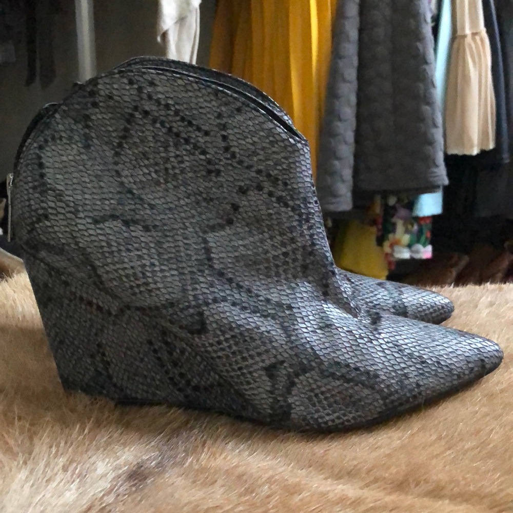 Grey snake print wedge bootie